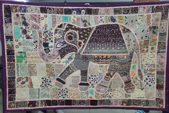 60x90 手刺繍の象のパッチワーク、エスニックな壁掛け、インドの壁掛け