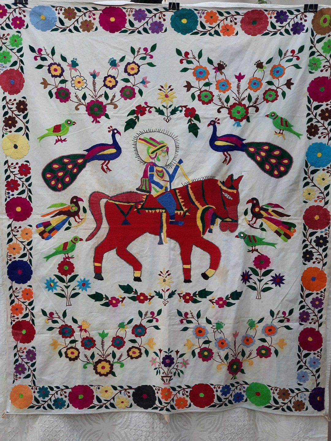 White Vintage & Rare Hand Embroidered Suzani Wall Hanging, Forest