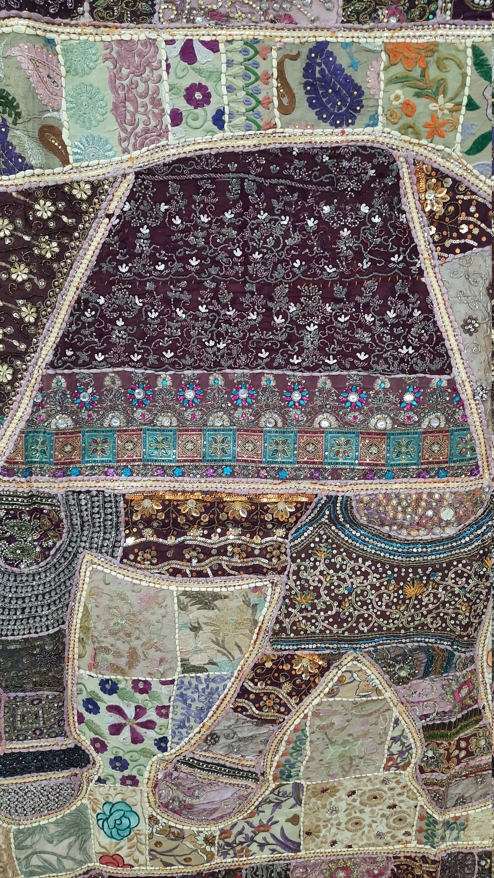 60x90 手刺繍の象のパッチワーク、エスニックな壁掛け、インドの壁掛け