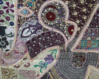 60x90 手刺繍の象のパッチワーク、エスニックな壁掛け、インドの壁掛け