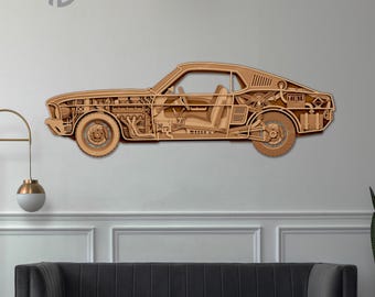 File per taglio laser di un'auto classica Ford Mustang 1967 Fastback, formato SVG multistrato / Decorazione murale in legno stratificato per Glowforge, Lightburn, DXF e Xtool.