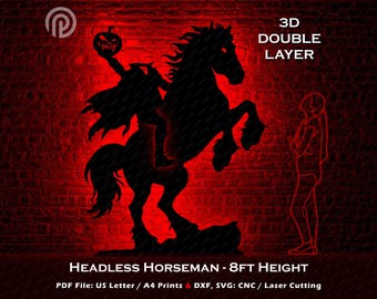 Headless Horseman Life Size Halloween Decor SVG, 8ft DIY Cutout Template, Printable PDF and cnc option, Sleepy Hollow Spooky Yard Silhouette