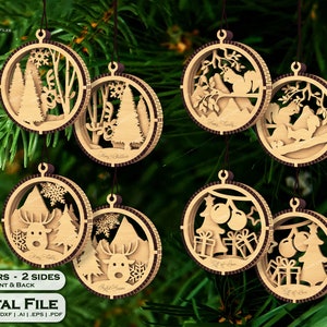 Laser cut file of double-sided multilayered baubles. best choice for Christmas tree as hanging balls decoration in wood. Reindeer, rabbits, snowman, party theme more available. Christmas ornaments wooden laser cut decoration