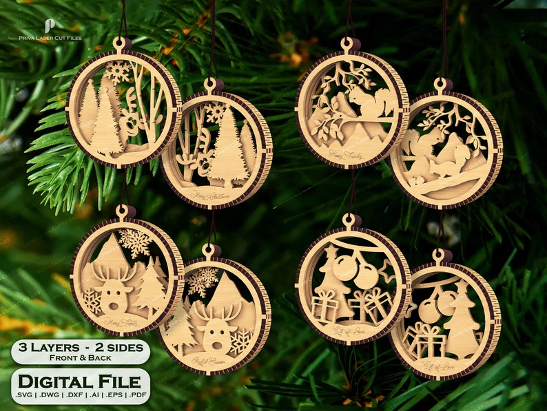 Laser cut file of double-sided multilayered baubles. best choice for Christmas tree as hanging balls decoration in wood. Reindeer, rabbits, snowman, party theme more available. Christmas ornaments wooden laser cut decoration