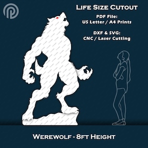 Puede incluir: Una silueta de hombre lobo blanca recortada, de 2,44 metros de altura, para decoraciones de tamaño natural. El recorte está diseñado para corte CNC o láser y viene en formatos PDF, DXF y SVG.