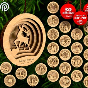 Enfeites de Natal SVG 30 Arquivos 6 Camadas Decoração de Árvore Vetor Corte a Laser Decoração Redonda Pendurada Bola de Bola Artesanato download digital escultura DXF