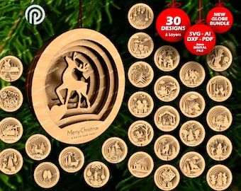30 Designs Multilayered 3D Laser Cut Christmas Ornaments, Digital Download, Layered Tree Decoration, Round Hanging Baubles DXF SVG Globe
