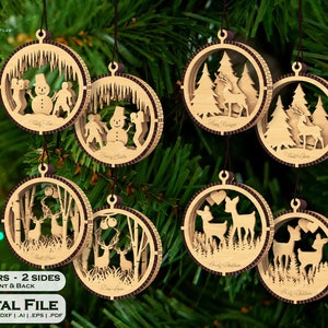 Laser cut file of double-sided multilayered baubles. best choice for Christmas tree as hanging balls decoration in wood. Reindeer, rabbits, snowman, party theme more available. Christmas ornaments wooden laser cut decoration