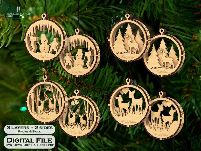 Laser cut file of double-sided multilayered baubles. best choice for Christmas tree as hanging balls decoration in wood. Reindeer, rabbits, snowman, party theme more available. Christmas ornaments wooden laser cut decoration