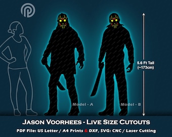 May include: Two black silhouette cutouts of Jason Voorhees from the Friday the 13th franchise. The cutouts are life-size and stand 5.6 feet tall (173 cm). The cutouts are holding a machete in each hand. The text "Jason Voorhees - Live Size Cutouts" is at the bottom of the image. The text "PDF File: US Letter / A4 Prints & DXF, SVG: CNC / Laser Cutting" is below the title.