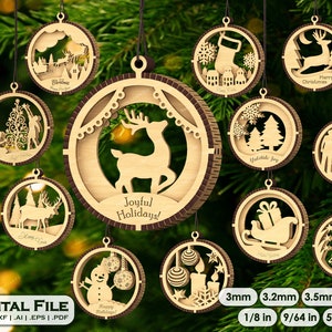 12 file 3 strati Mini Bundle Decorazione Albero SVG Vettore Taglio Laser Appeso Pallina Ornamento Artigianato Palla Albero di Natale download digitale intaglio