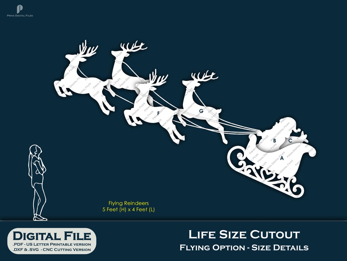 DIY 5ft Life Size Santa Cutout Sleigh Flying &amp; Standing Reindeer ...