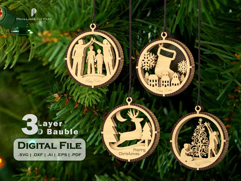 12 files 3 layer Mini Bundle Tree Decoration SVG Vector Laser Cut Hanging Bauble Ornament Craft Christmas tree ball digital download carving image 4