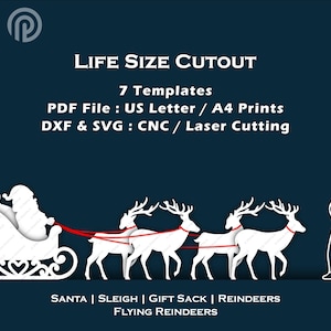 Plantilla digital en PDF de Papá Noel de tamaño real de 5 pies con reno de pie y en trineo volando. Decoración con silueta para calcar. Plantilla navideña en PDF imprimible