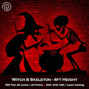 May include: A black silhouette of a witch and skeleton standing next to a cauldron. The witch is holding a broom and the skeleton is holding a ladle. The background is a red brick wall. WITCH & SKELETON - 4FT HEIGHT PDF File: US Letter / A4 Prints & DXF, SVG: CNC / Laser Cutting