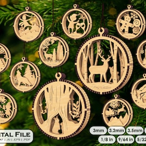 May include: Twelve laser cut wooden Christmas ornament designs with intricate details. The ornaments feature a variety of themes, including a snowman, a deer in the woods, a gingerbread man, and a mountain scene. The ornaments are available in four sizes: 3mm, 3.2mm, 3.5mm, and 4mm.
