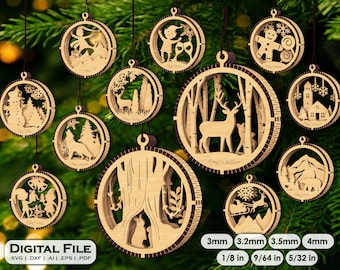 Laser Cut Christmas Bauble SVG mini bundle : 3-Layer 12 Ornament Set, Christmas tree ball (Digital Download)