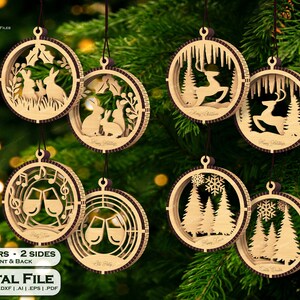 Laser cut file of double-sided multilayered baubles. best choice for Christmas tree as hanging balls decoration in wood. Reindeer, rabbits, snowman, party theme more available. Christmas ornaments wooden laser cut decoration