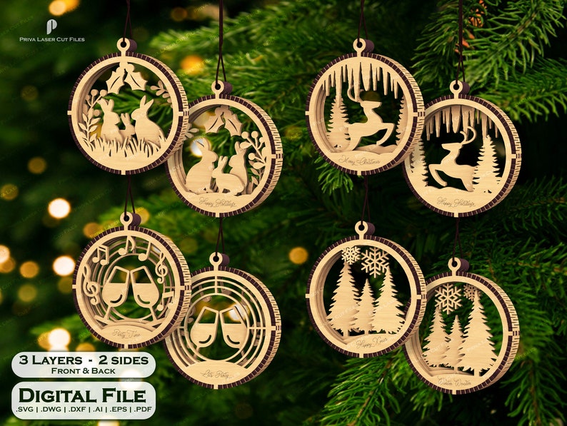 Laser cut file of double-sided multilayered baubles. best choice for Christmas tree as hanging balls decoration in wood. Reindeer, rabbits, snowman, party theme more available. Christmas ornaments wooden laser cut decoration
