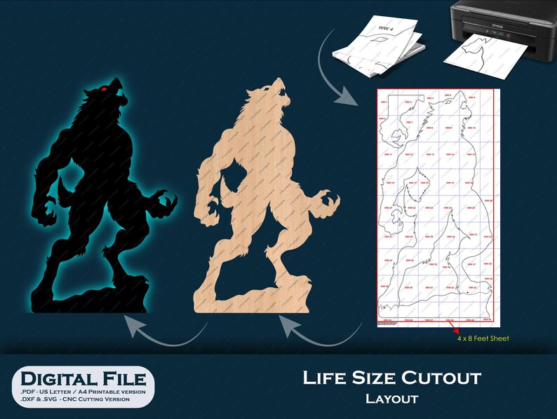 Giant Werewolf Cutout Template, 8ft Halloween Decor, Digital Download