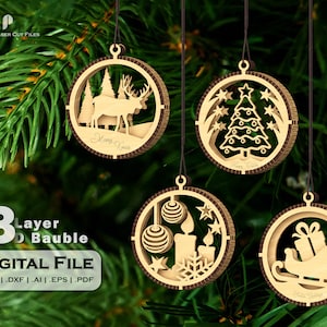 12 files 3 layer Mini Bundle Tree Decoration SVG Vector Laser Cut Hanging Bauble Ornament Craft Christmas tree ball digital download carving image 3