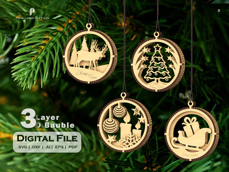 12 files 3 layer Mini Bundle Tree Decoration SVG Vector Laser Cut Hanging Bauble Ornament Craft Christmas tree ball digital download carving image 3