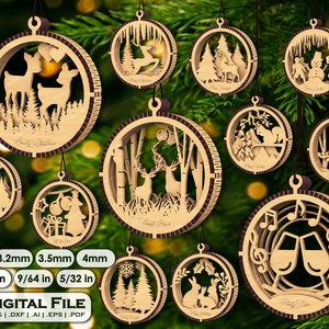 Reindeer Christmas Ornament SVG, 12 files Double Sided Laser Cut Bauble, Digital Download File, Tree Decoration, Holiday Craft DIY SVG