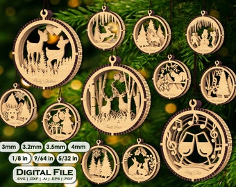 Reindeer Christmas Ornament SVG, 12 files Double Sided Laser Cut Bauble, Digital Download File, Tree Decoration, Holiday Craft DIY SVG