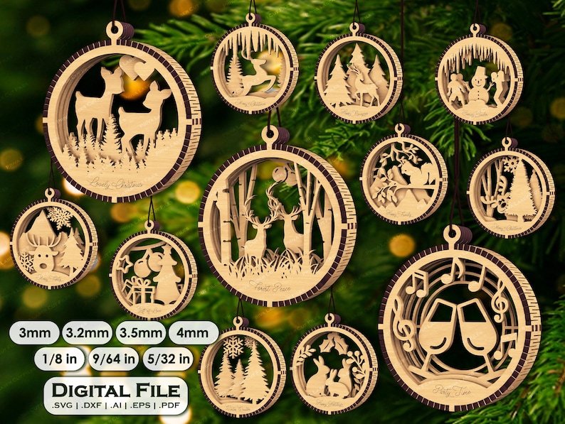Laser cut file of double-sided multilayered baubles. best choice for Christmas tree as hanging balls decoration in wood. Reindeer, rabbits, snowman, party theme more available. Christmas ornaments wooden laser cut decoration