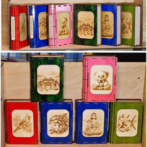 Book Style Wooden Slide-Open Box Handmade Colorful Laser Engraved Teddy Bear Lighthouse Cardinal Hummingbird Dolphin Crab Nature f/ Jewelry