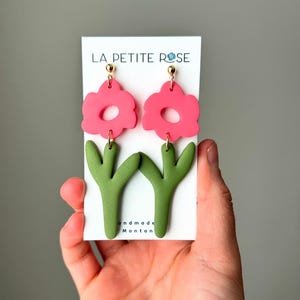 Flower Clay Earrings, Hot Pink Floral Dangles, Polymer Clay Jewelry, Nickel Free, Anniversary Gift for Wife, Handmade Earrings for Mom