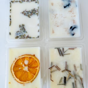 May include: Four rectangular wax melts in clear plastic containers. One contains lavender buds, one has brown spice sprinkles, one features a dried orange slice, and one includes small green botanical stems embedded in the white wax.