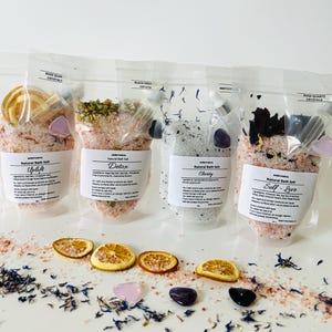 Botanical Bath Salt Set: Crystal, Essential Oil, Muslin Bag & Spoon