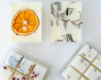 May include: Four clear plastic containers of wax melts. One contains a dried orange slice, another has dried herbs, and the other two have wax cubes with dried botanicals. The wax is a creamy white color.