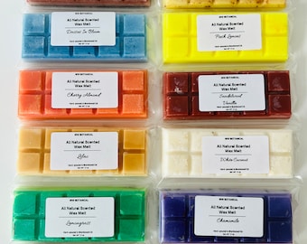 May include: Twelve individually wrapped wax melts in various colors and scents. Each wax melt is labeled with the scent name and "All Natural Scented Wax Melt".