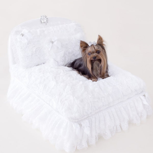 Enchanted Nights Dog Bed With Down Pillow - Easy Care - Small Breed - Handmade in USA - Plush Soft Warm Cozy Dog Bed - Lace, Crystal, Satin