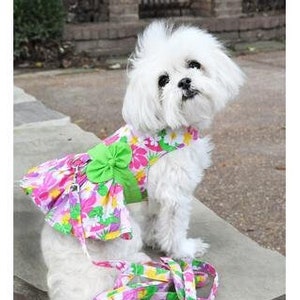 Pink Hawaiian Floral Dog Harness Dress with Matching Leash