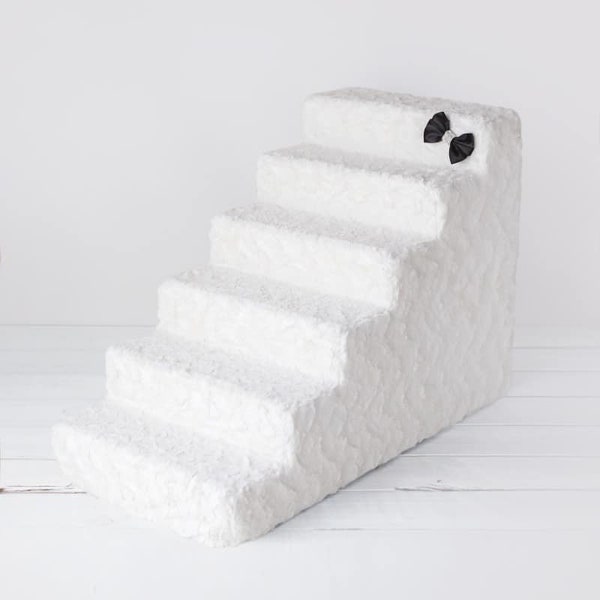 Luxury Pet Stairs - 6 Step - Classic Ivory With Crystal Satin Bow - Easy Wash Removable Cover - Sturdy high Density Foam