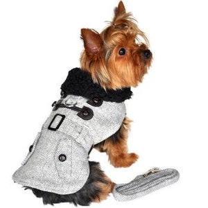 Fleece Sherpa-lined Wool Blend Warm Dog Harness Coat With Leash - Grey Herringbone - Fall Winter Warm Dog Coat Jacket - XS - 2XL - 3 to 60