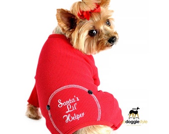 Santa's Lil Helper Embroidered Christmas Dog Pajamas - Red - Soft Stretchy Dog Sleep Wear - Warm Dog Pajamas - XS to 2XL