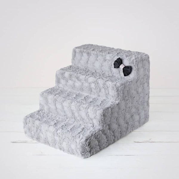 Luxury Pet Stairs - 4 Step - Dove Grey With Crystal Satin Bow - Easy Wash Removable Cover - Sturdy high Density Foam