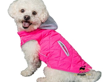 Weekender Dog Quilted Puffer Sweatshirt Hoodie Jacket Vest - Pink - Reflective Hoodie - Zip Up Coat with Pockets - Soft Warm Jersey Lining