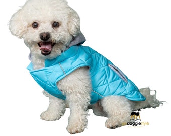 Weekender Dog Quilted Puffer Sweatshirt Hoodie Jacket Vest - Light Blue - Reflective Hoodie - Zip Up Coat with Pockets - Soft Warm Jersey