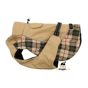All-Weather Waterproof Dog Coat - Beige Plaid - Free Name Embroidery - Warm Fleece Lined Winter Coat - Size XS to 5XL - Dogs 3 to 150 lb
