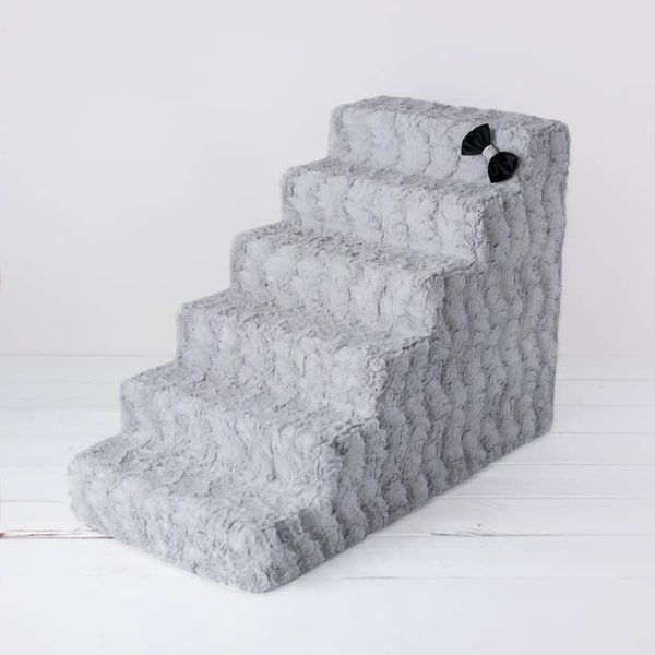 Luxury Pet Stairs - 6 Step - Dove Grey With Crystal Satin Bow - Easy Wash Removable Cover - Sturdy high Density Foam