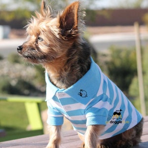 100% Cotton Striped Dog Polo - Blue Niagara And White - Dog Polo Shirt - Two Button Dog Polo - Dog Shirt - Dog Top - Easy Care - XS to 3 XL