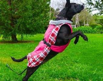 All-Weather Waterproof Dog Coat - Raspberry Plaid - Free Name Embroidery - Warm Fleece Lined Winter Coat - Size XS to 5XL - Dogs 3 to 150 lb