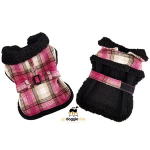 Fleece Sherpa-lined Warm Dog Harness Coat With Leash - Hot Pink & Tan Plaid - Fall Winter Warm Dog Coat Jacket - XS - 2XL - 3 to 60 lbs