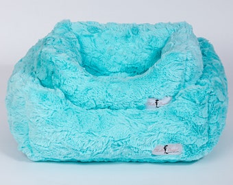 Aquamarine Cuddle Dog Bed - Easy Care - Small Breed Dog - Luxe Handmade - Plush Soft Warm Cozy Dog Bed - 100% Poly-Fiber Fill - Made in USA