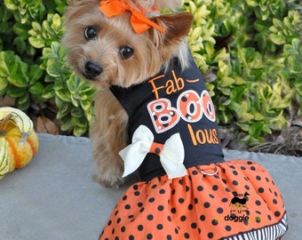 Halloween Dog Harness Dress With Leash - Fab-BOO-lous Embroidery - Fall Holiday Dog Dress - Orange With Black Polka-Dots - Cute Bow - XS to